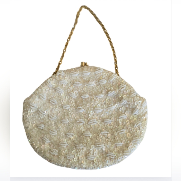 Vintage White Beaded Evening Handbag  Round w/ Sequins Handmade  Shoulder Purse - Picture 1 of 11